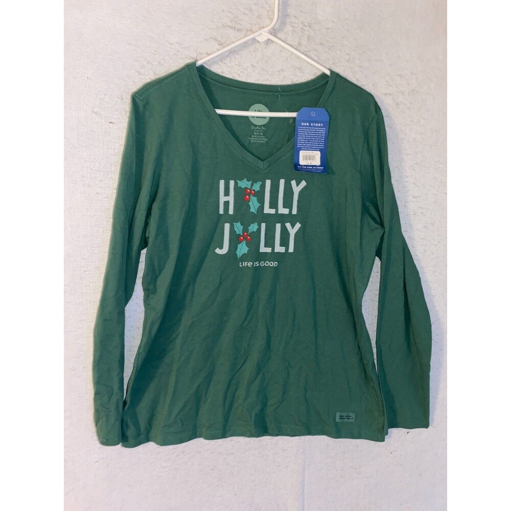 Life is Good Crusher Tee Women Holiday T Shirt New Holly Jolly Christmas gift L